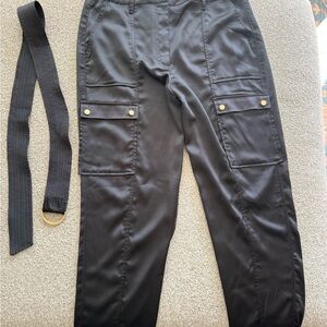 White House Black Market Black Satin tapered ankle pant with belt